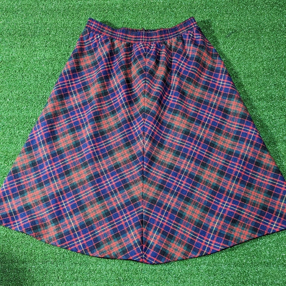 Take 1 vintage plaid wool blend midi length skirt dark navy dark green and red